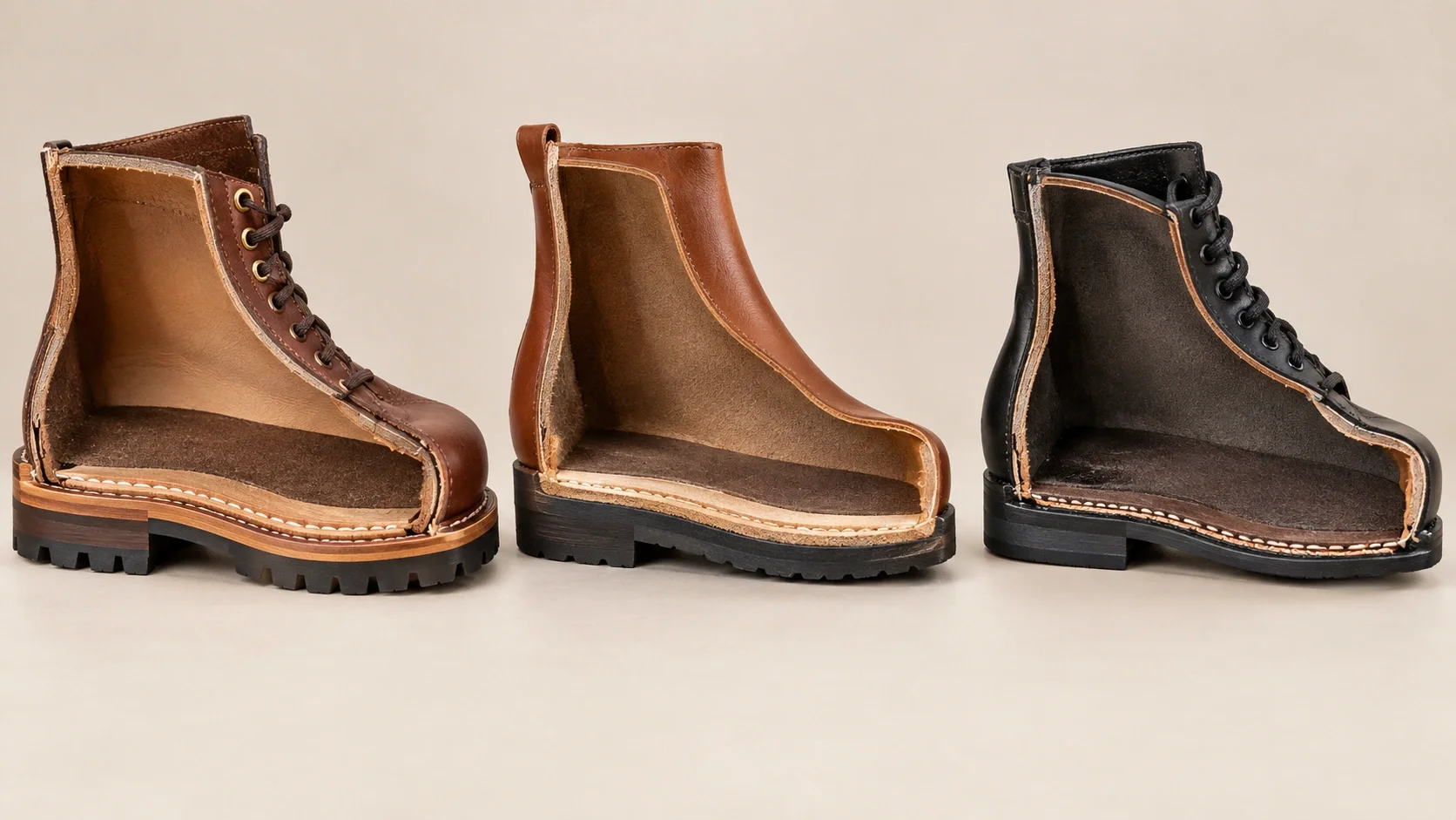 Comparison of Goodyear welt, cement, and Blake stitch boot construction methods