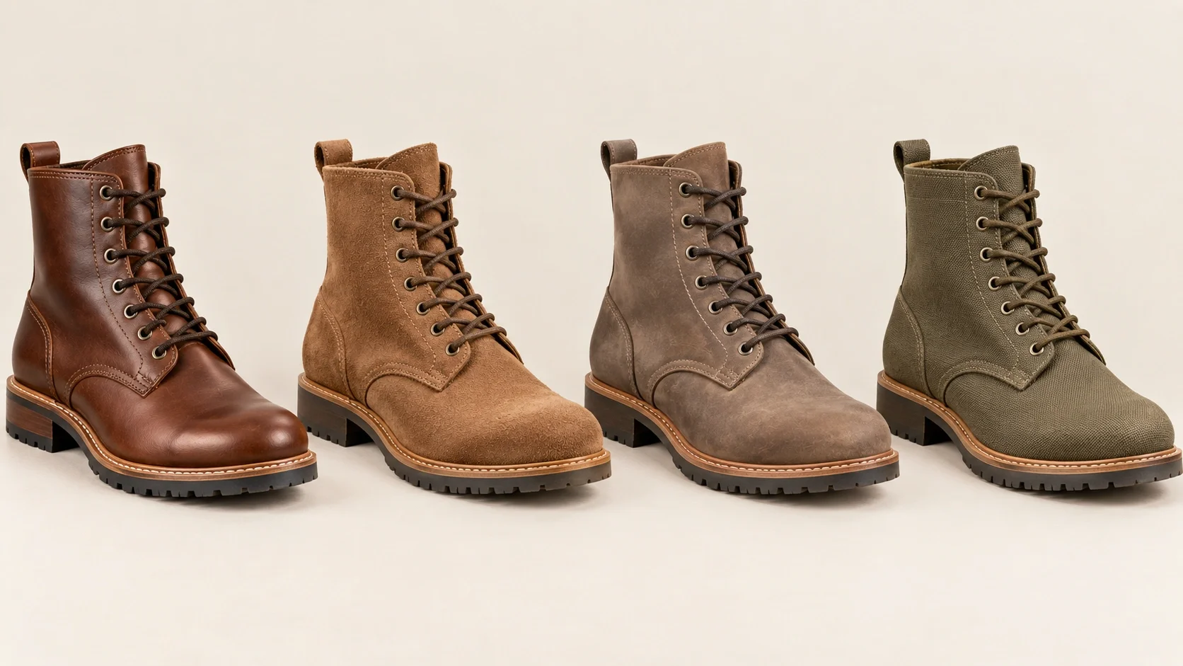 Leather, suede, nubuck, and canvas boot materials side by side