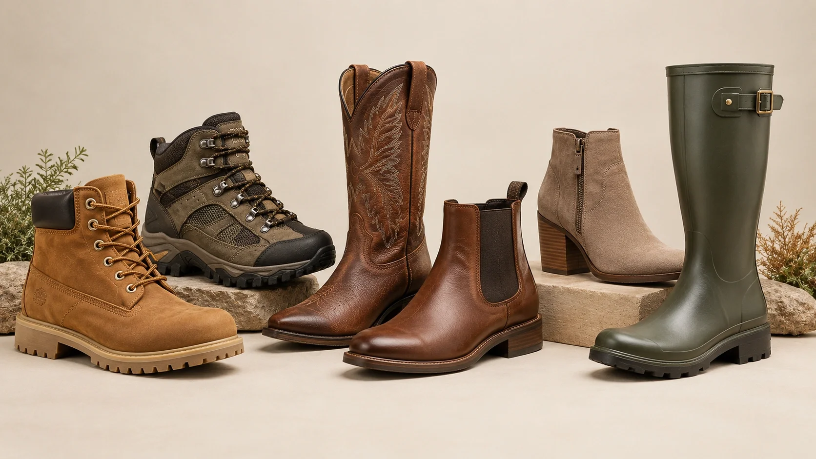 A diverse collection of boot styles on display representing the range covered on BootsPedia