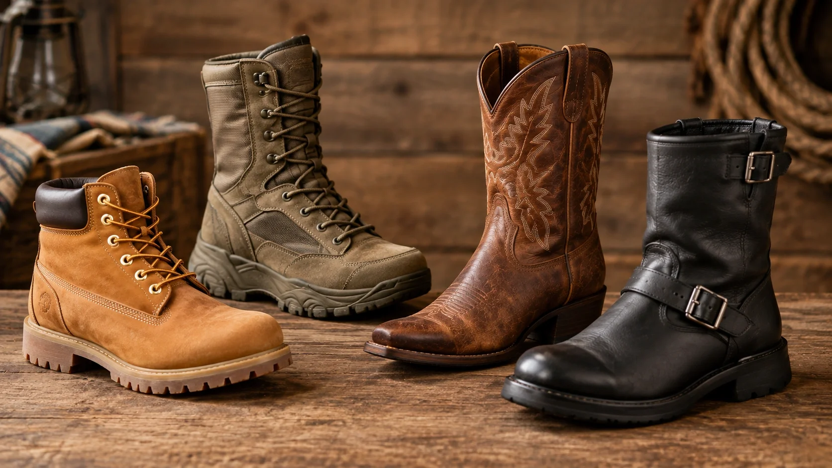Collage of specialty boots including work, tactical, cowboy, and motorcycle boots